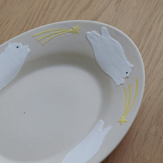 Meow Catching Star Oval Plate - White